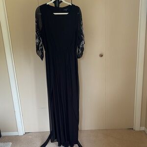 MARINA Black  jumpsuit long Dress with Silver and pearl Accents on sleeves